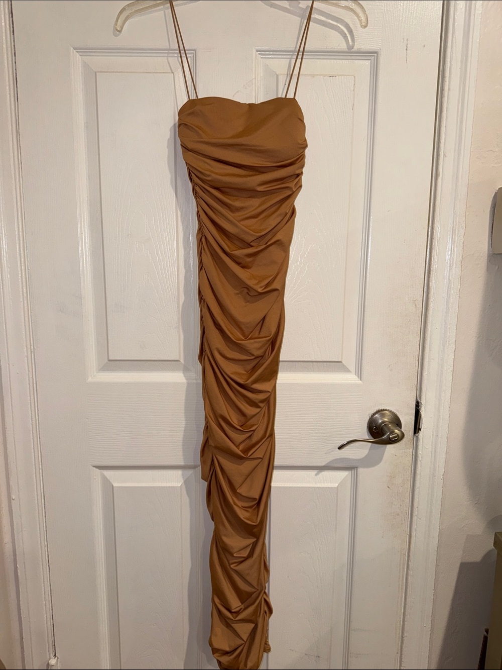 Oh Polly Ruched Camel Bodycon Midi Dress with Spaghetti Straps